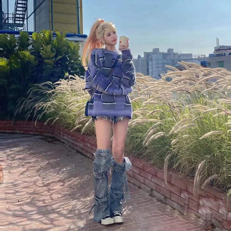 Vỏ Bọc Ống Chân Denim Có Dây Buộc Phong Cách Đường Phố Mỹ Độc Đáo