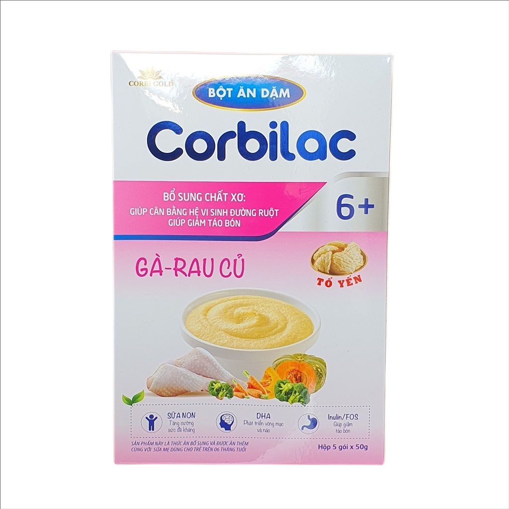 Bột ăn dặm bổ sung sữa non, yến sào cho trẻ từ 6 tháng Corbilac - Gà rau củ (Hộp 5 gói x 50g)