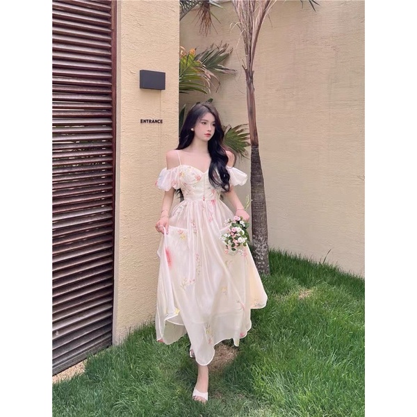 ĐẦM MAXI HOA CÚP NGỰC 2 DÂY RỚT VAI PHỒNG