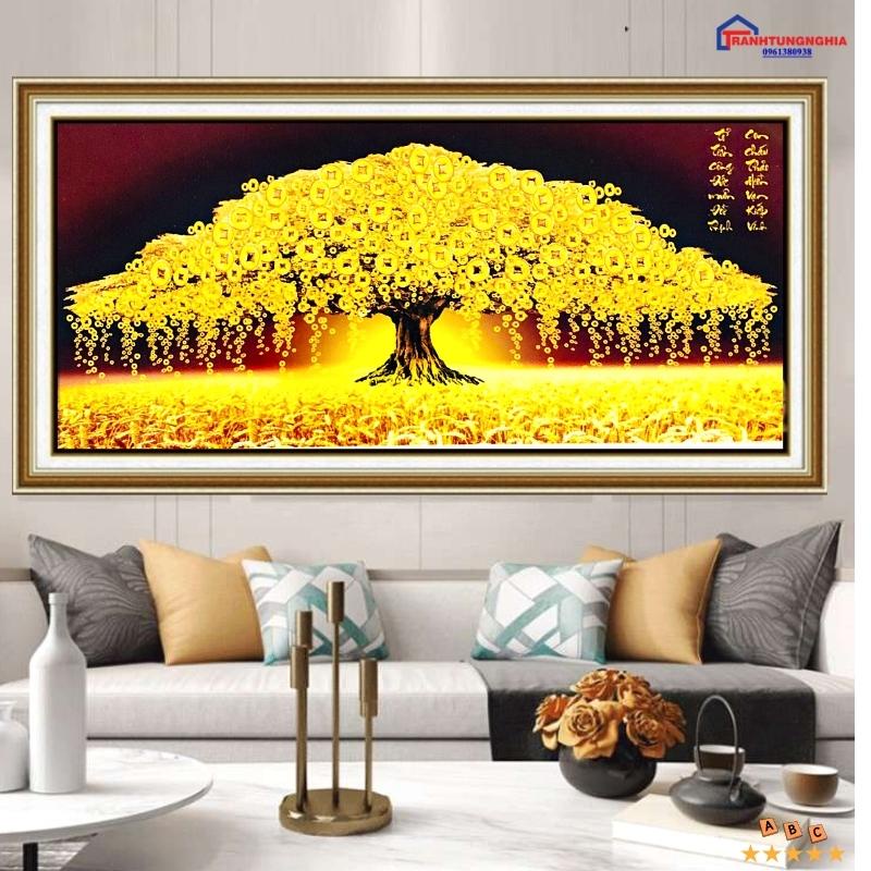 Tranh đính đá, tranh thêu chữ thập cây kim tiền tài lộc