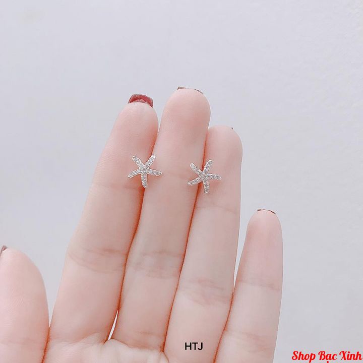Bông tai nụ hình sao biển, bông tai nụ bạc , đính đá