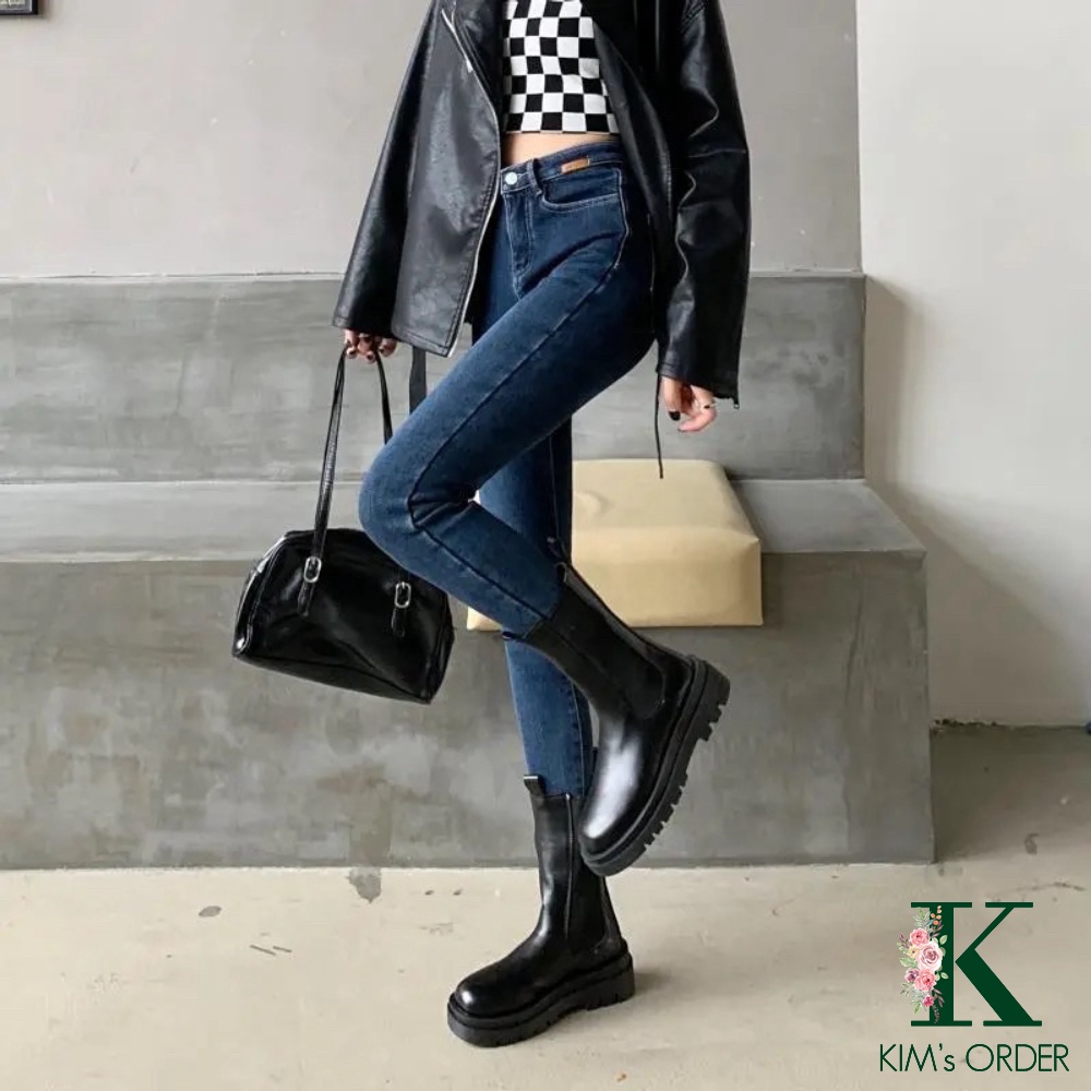 Quần jean nữ màu xanh đen skinny ống côn dài cạp lưng cao tôn dáng chất co dãn loại 1 style Hàn Quốc cá tính sành điệu