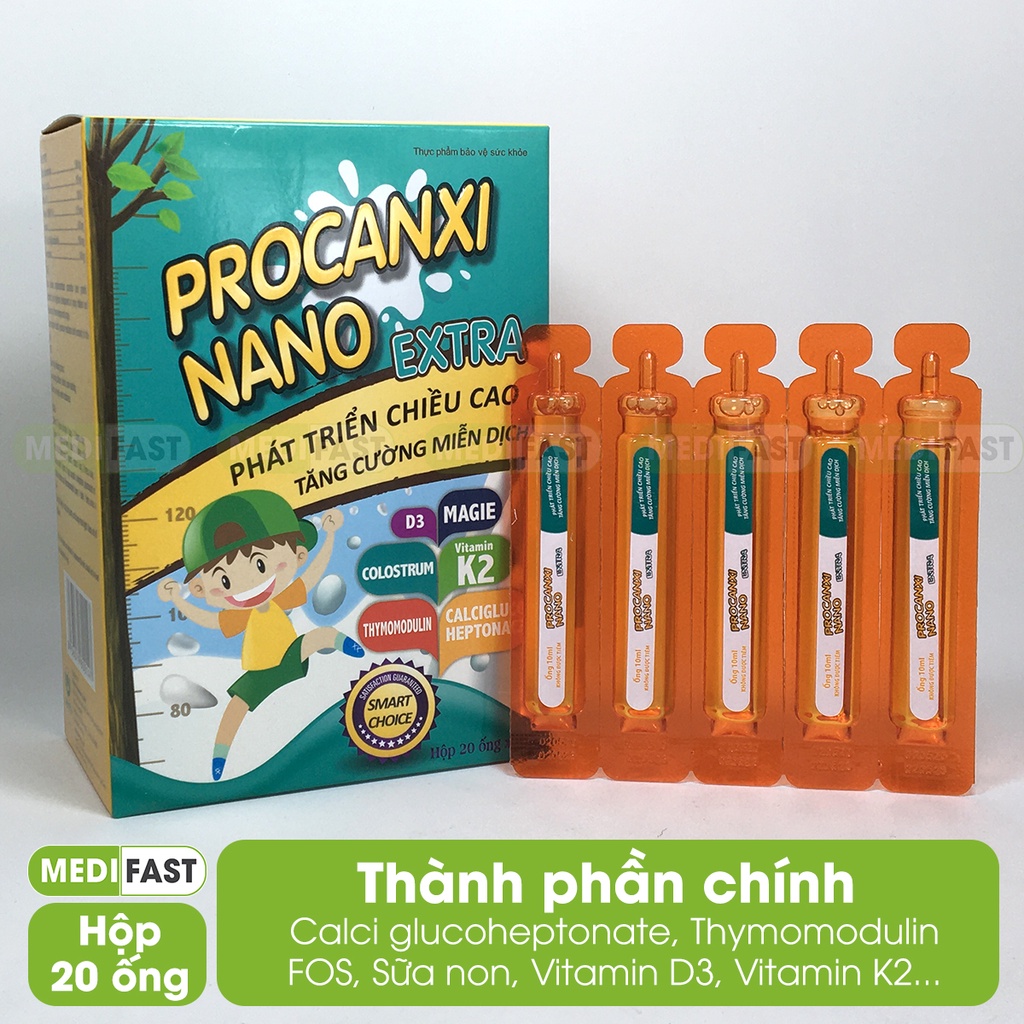 Bổ sung canxi và tăng sức đề kháng với Thymodulin và FOS Procanxi Nano Hộp 20 ống tiện lợi tăng chiều cao, chắc xương