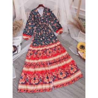 Đầm xoè maxi lụa cổ V tay dài