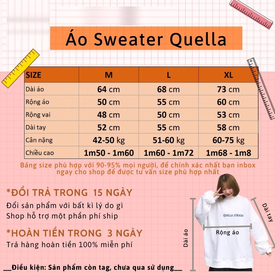 Áo sweater form rộng Quella strada đẹp tay bồng unisex giá rẻ cổ lọ nỉ bông cotton dưới 60kg - 99LYNS | BigBuy360 - bigbuy360.vn