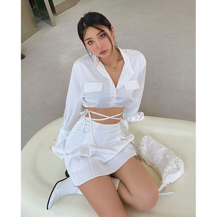 Set chân váy cột dây &amp; áo sơ mi croptop tay dài HS128 Hỉn Hỉn Store