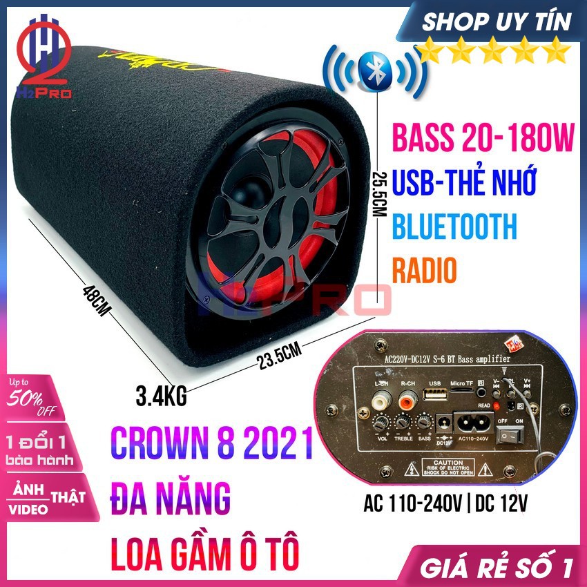 Loa bluetooth Crown 8 2021 H2PRO bass 20-180W đa năng USB-Thẻ nhớ-radio, lắp gầm ô tô cao cấp điện 220V-110V-12V