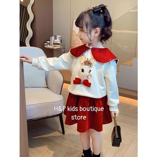 Sét bộ váy xinh cho bé, bộ tiểu thư áo trắng mix chân váy nhung bé gái từ 10-20kg