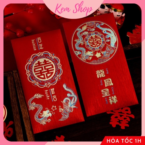 Bao lì xì chữ hỷ trao duyên họa tiết long phượng giấy nhũ cao cấp dùng cho đám cưới, ăn hỏi đại lễ - Kem Shop K286