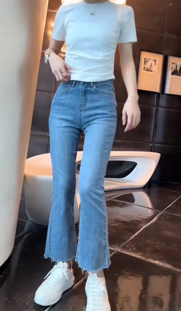 ( video ảnh thật)Quần jean ống loe , quần jean lửng nữ lưng cao vải bò Quảng Châu cao cấp hàng loại 1 chất co dãn | BigBuy360 - bigbuy360.vn