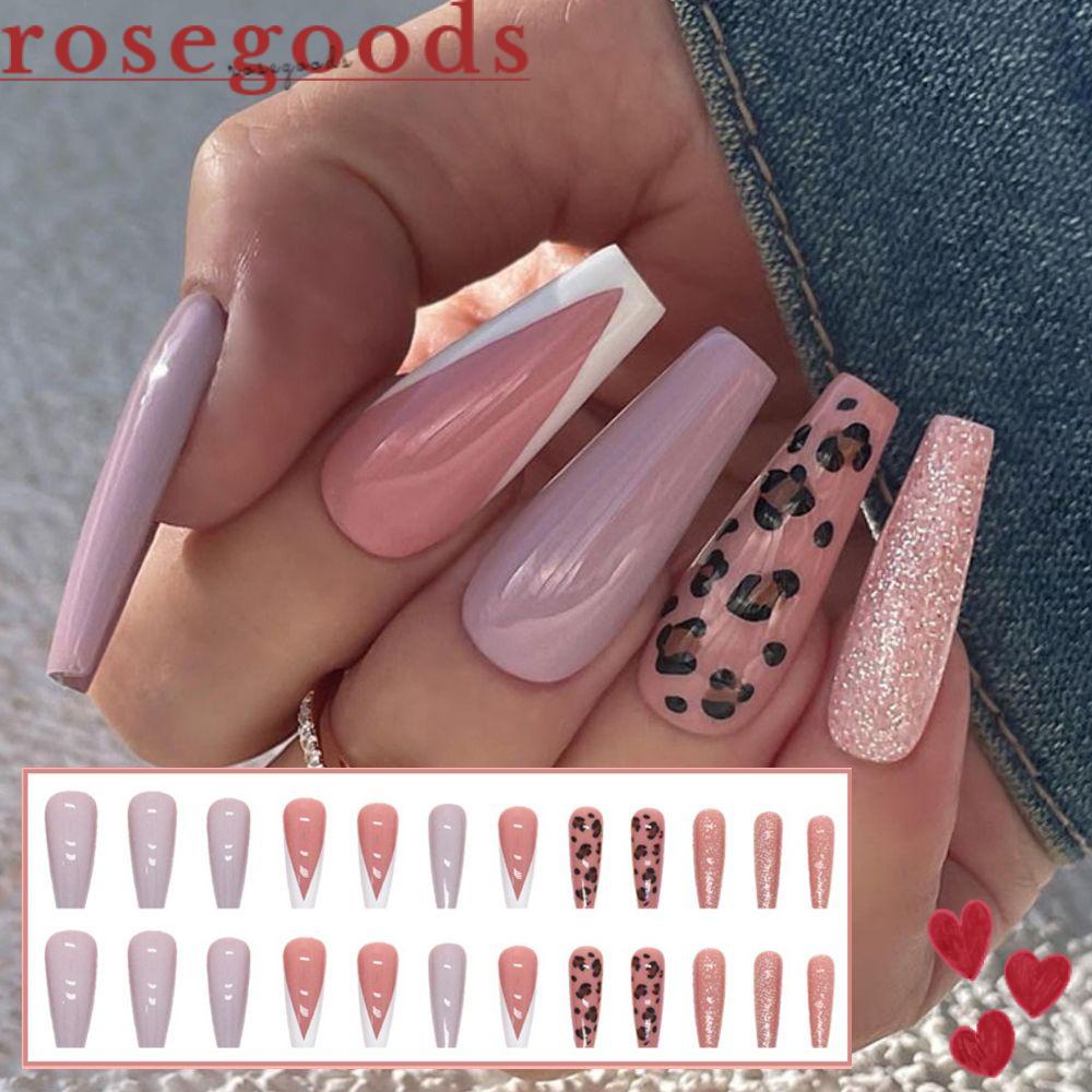 Bộ 24 Móng Tay Giả Dạng Nhấn Che Phủ Toàn Diện Họa Tiết Báo Hồng Tím Lấp Lánh