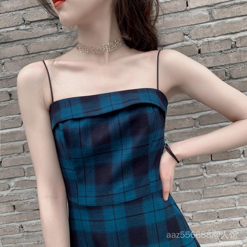 Đầm Nữ Hai Dây Nhấn Eo Họa Tiết Caro Thời Trang Phong Cách Pháp