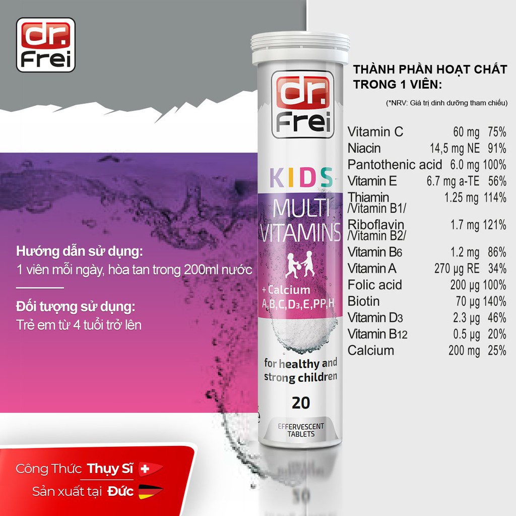 Viên Sủi Bổ Sung Vitamin và Khoáng Chất cho Trẻ Em Dr. Frei SWISS Kids Multivitamins + Calcium (20 Viên]