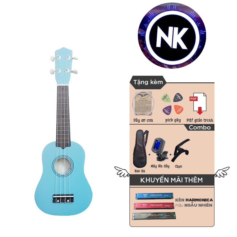 (MUA 1 ĐƯỢC 9) Đàn Ukulele Soprano 21" Full Phụ Kiện + Bao Da + Capo + Tuner + Kèn Harmonica