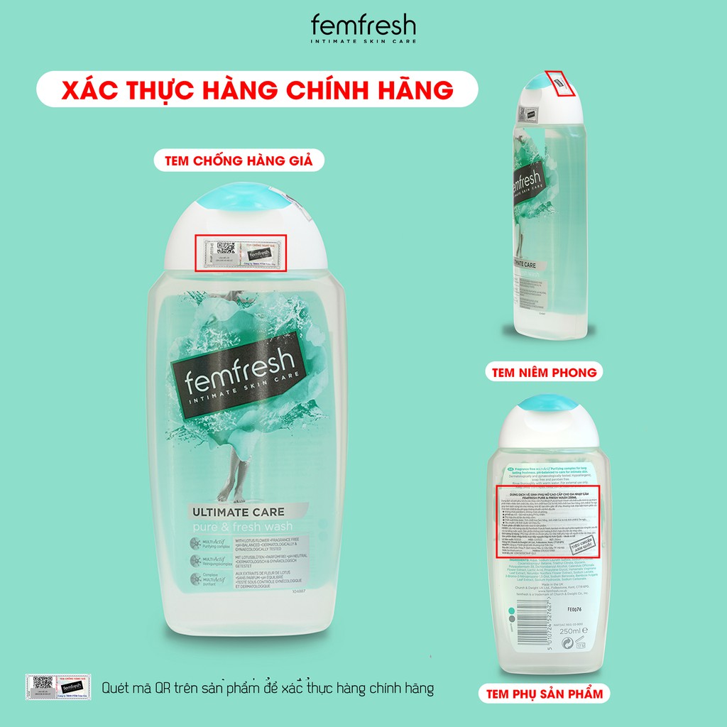 Dung Dịch Vệ Sinh Phụ Nữ Dành Riêng Cho Người Nhạy Cảm Giúp Vùng Kín Sạch, Thơm Femfresh Pure &amp; Fresh Wash 250ml UK