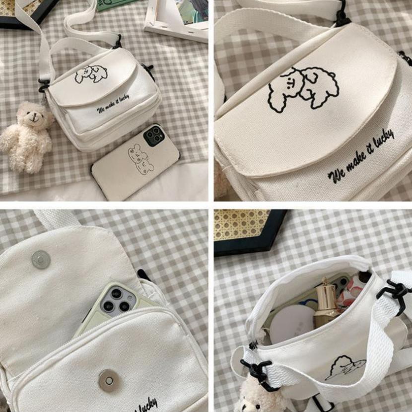 Túi canvas vải đeo chéo nữ Unisex giá rẻ hình chú cún ngộ nghĩnh đáng yêu phong cách Harajuku Nhật Bản Herbagstore