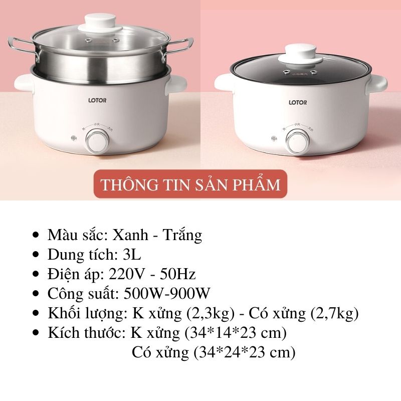 Nồi lẩu điện 3L LOTOR kèm xửng hấp tiện lợi, chảo chống dính chiên xào nấu lẩu đa chức năng
