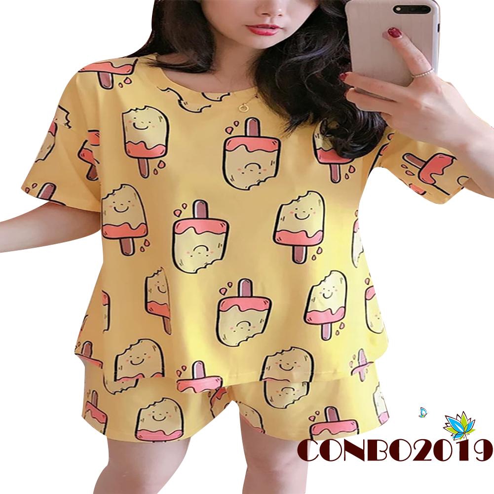 Set Đồ Ngủ Ngắn In Hình Cây Kem Dễ Thương Cho Nữ