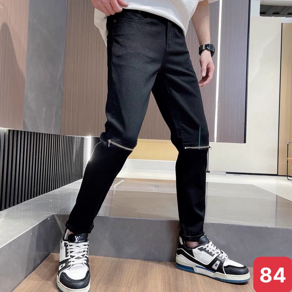 Quần jean nam rách gối kéo khóa màu đen trơn chất jeans bò cao cấp co dãn 4 chiều rin form dáng skinny ADO Q105