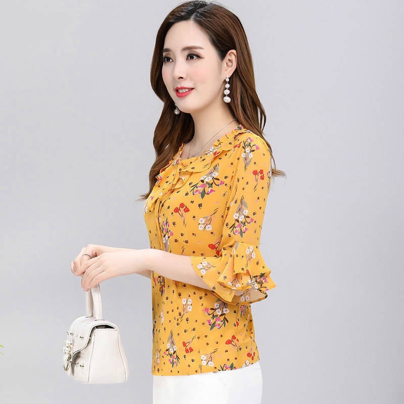 Áo Sơ Mi chiffon Tay Ngắn In Hoa Thời Trang Mùa Hè Cho Phụ Nữ Trung Niên