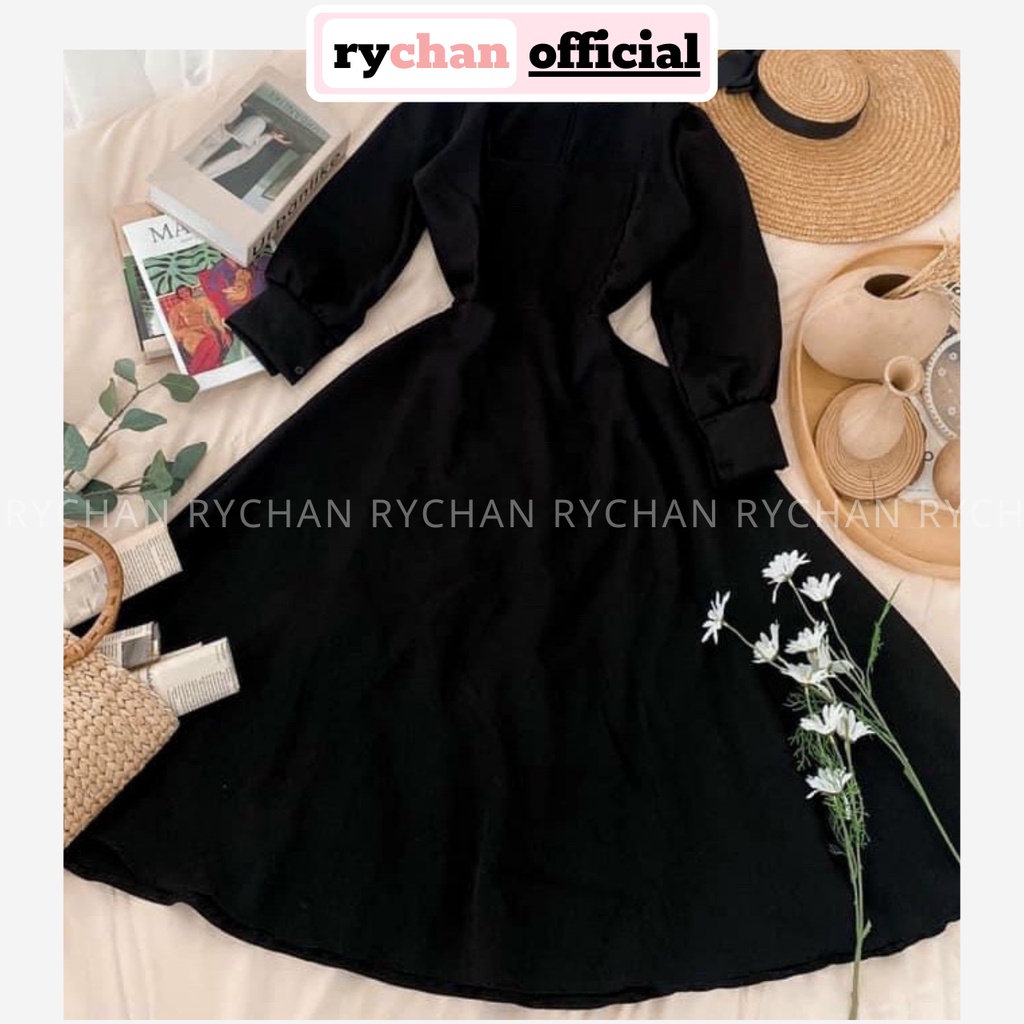 Đầm Xòe Midi Cổ Vuông Tay Dài Nút Bọc 3 Màu Trắng Đen Đỏ [Ảnh Thật Cuối] - DX0080