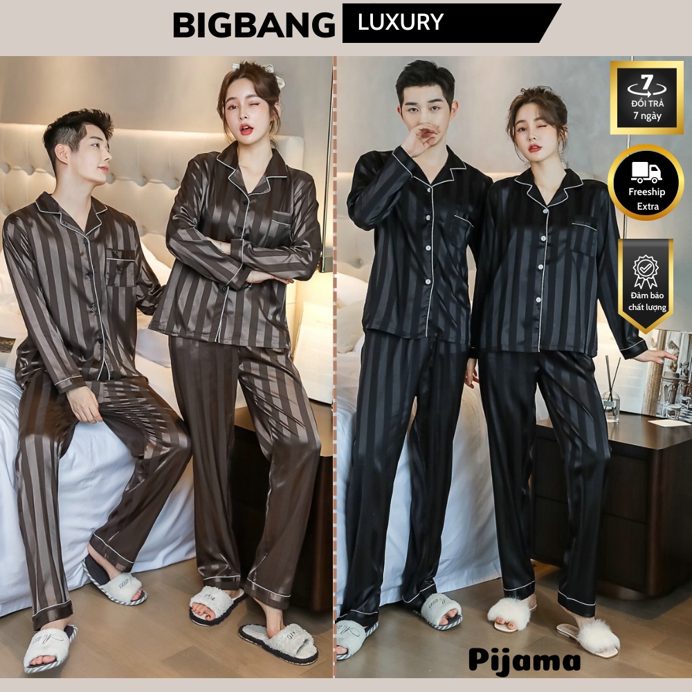 Bộ Đồ Ngủ Nam Nữ Bigbang Luxury Lụa Sọc Trơn Lụa mềm cao cấp mã 752 Pyjama cho cặp đôi nam nữ gia đình quà tặng bạn bè