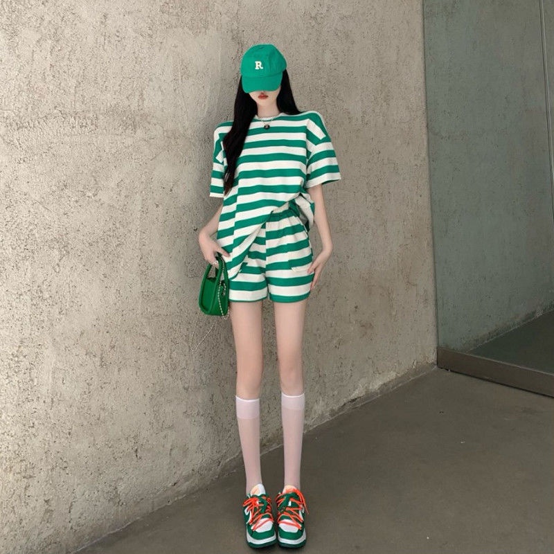 COZOK Set Đồ Thể Thao Ngắn Kẻ Sọc Màu Sắc Thời Trang Cho Nữ