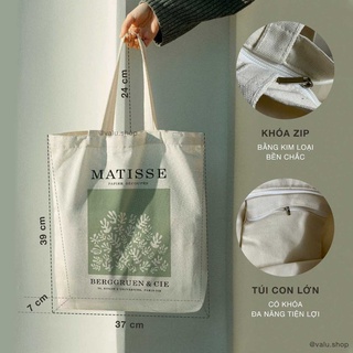 Túi tote vải canvas họa tiết tone xanh, miệng túi và túi con có khóa kéo
