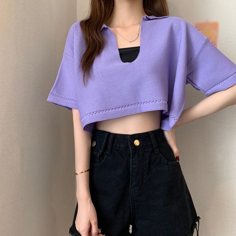 Áo Thun Tay Ngắn Cổ Chữ V Màu Trơn Dáng Rộng Quyến Rũ Dành Cho Nữ