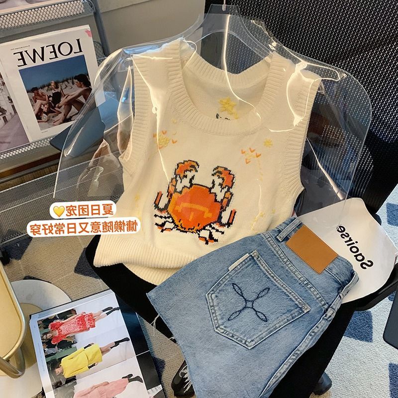 2022 summer new retro design interesting pattern printing slim sleeveless vest sweater