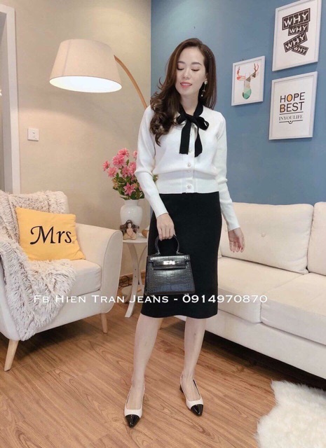 Áo len cúc ngọc cổ nơ