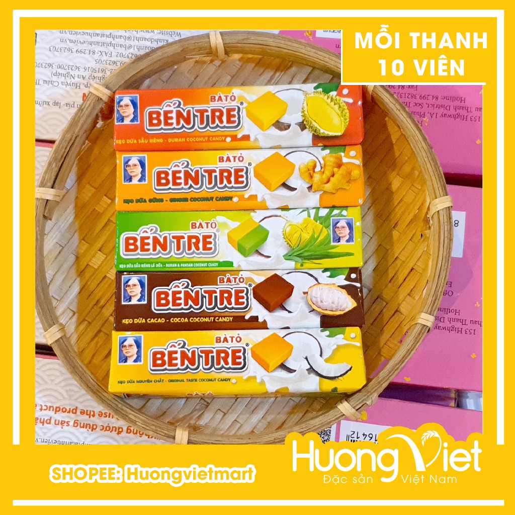 Kẹo dừa Bến Tre Hai Tỏ 5 vị khác nhau 1 THANH 10 VIÊN, kẹo dừa gia truyền thương hiệu nổi tiếng