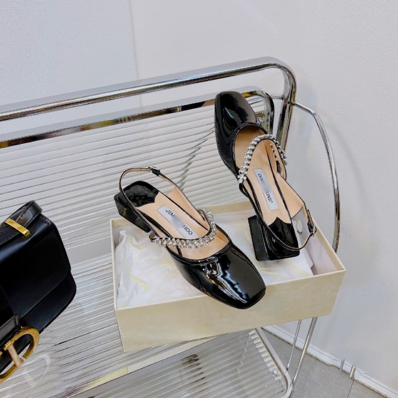 Giày JMC quai đá dáng bệt hở gót da bóng đen đỏ trắng nhũ vang