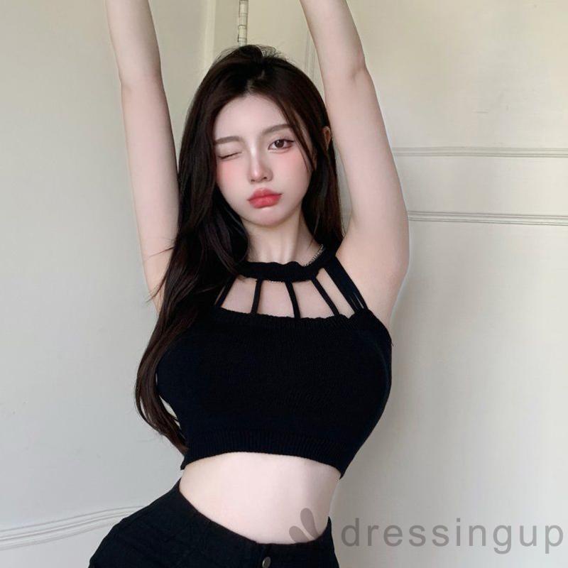 DRE-Women Knit Vest, Sleeveless Crew Neck Hollowed Solid Slim Fit Summer Tops