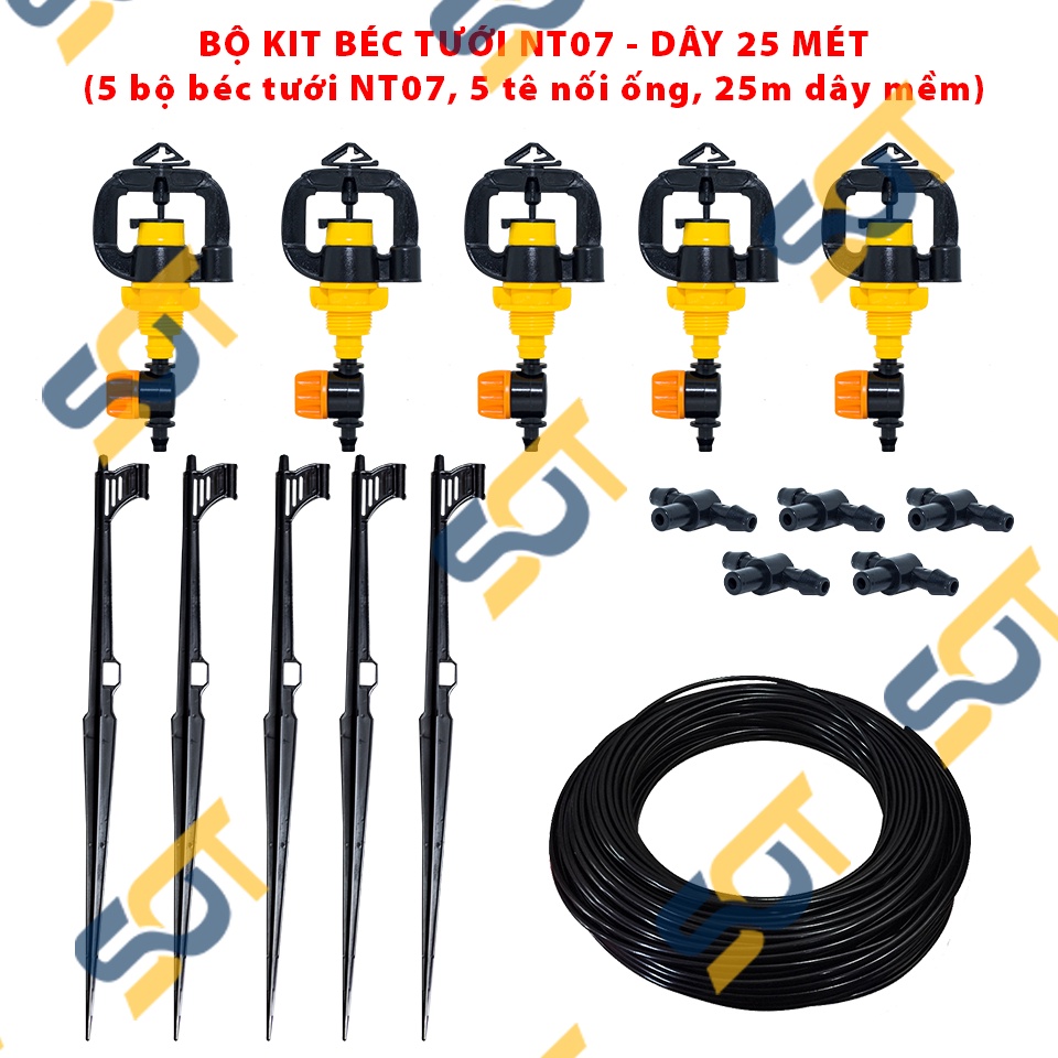 Bộ KIT béc tưới phun NT07 90L/h (5 bộ béc tưới NT07 90L/h + 5 tê nối ống + dây mềm) - Nhà vườn, trồng trọt, nông nghiệp