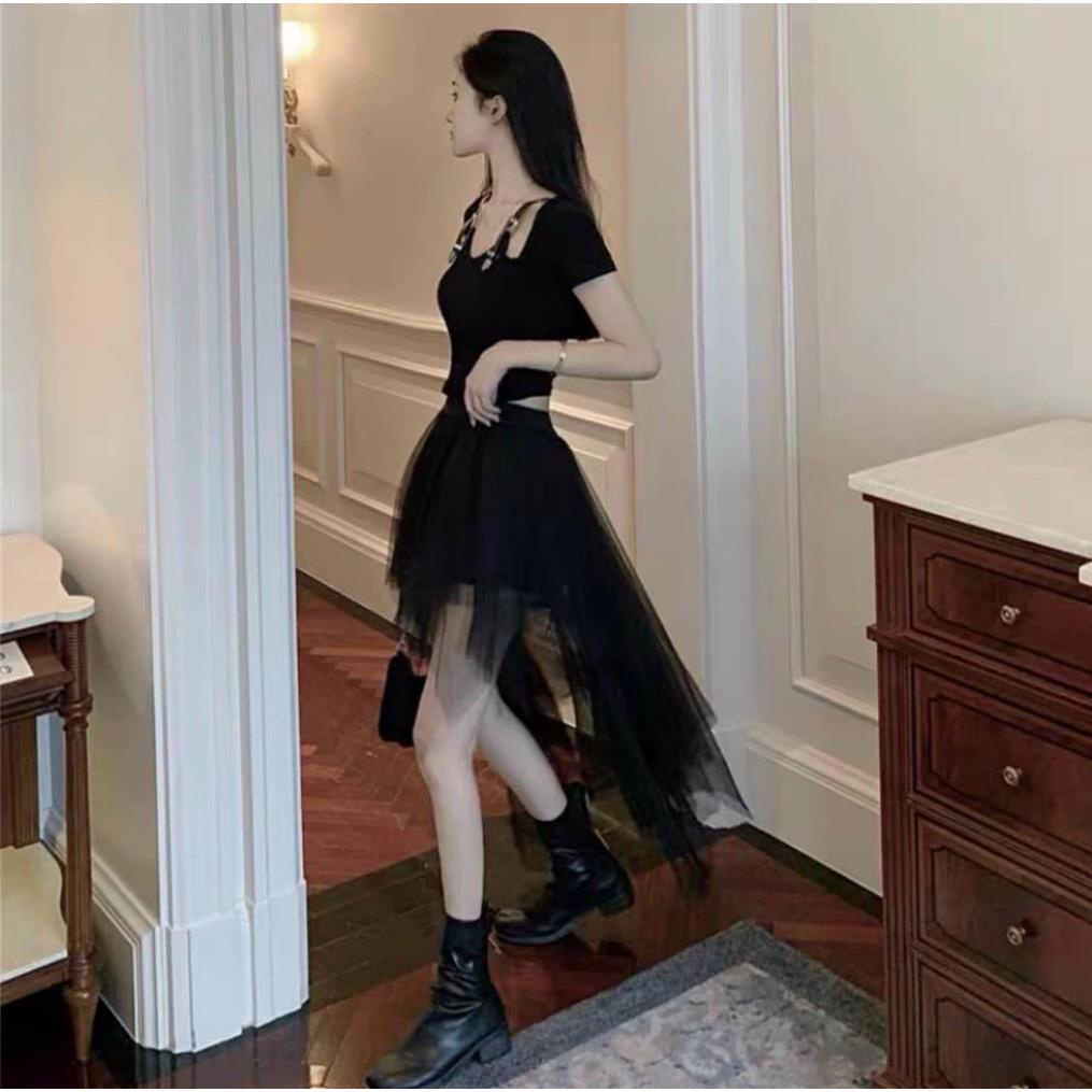 Chân váy dài phối ren lưới xuyên thấu thời trang nữ tính