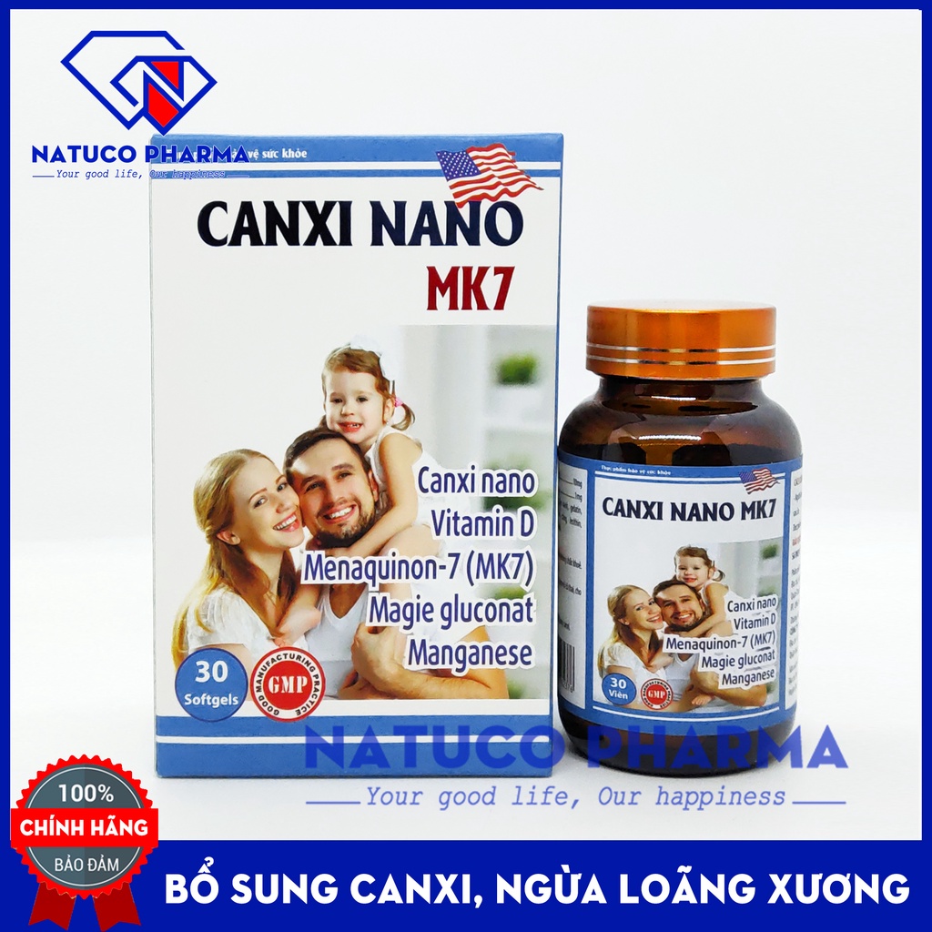 Canxi Nano MK7 Viên uống canxi giúp phát triển hệ xương, răng chắc khỏe, giảm loãng xương, tăng chiều cao - Hộp 30 viên
