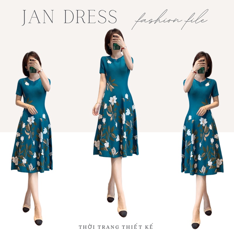 Đầm váy hoa xanh tay ngắn JANDRESS dáng chữ A che bụng cực dỉnh siêu tôn v3 V132