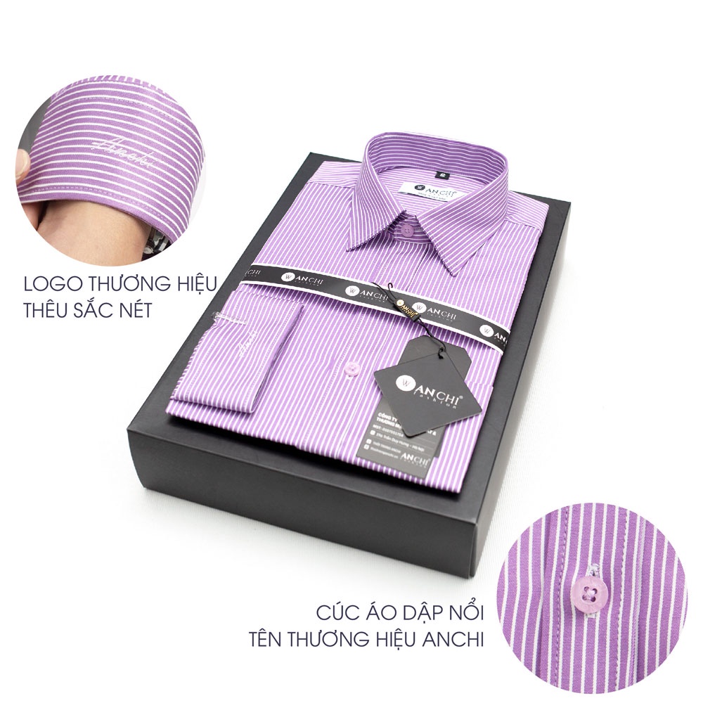 Áo Sơ Mi Nam Dài Tay Trung Niên ANCHI Hoạ Tiết Kẻ Tím Vải Sợi Tre Cao Cấp