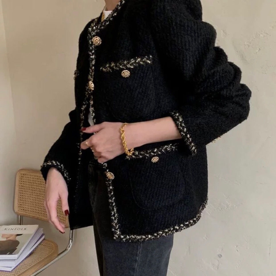 【77】Áo khoác dệt kim dáng rộng màu đen phong cách Hàn Quốc thời trang mùa đông cho nữ