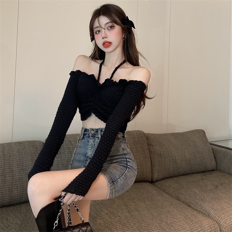 Áo kiểu croptop IHKKE hở vai thiết kế kiểu dây rút co giãn quyến rũ thời trang dành cho nữ