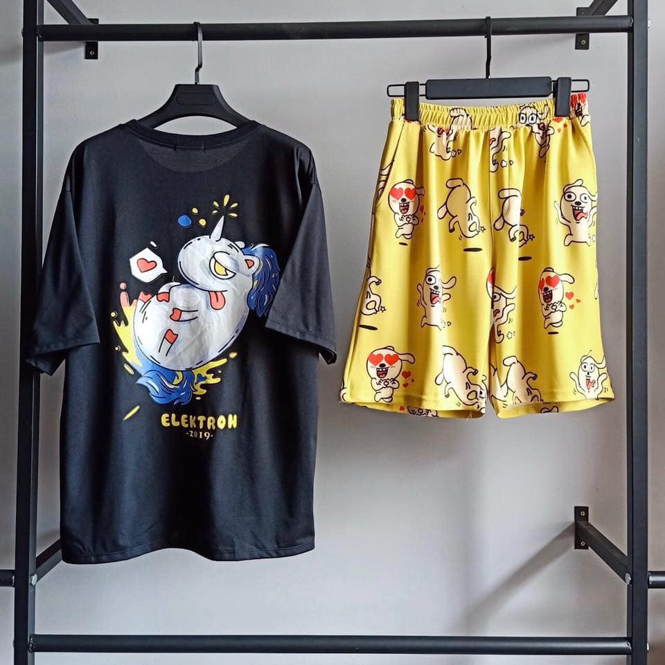 Set áo 3D rối seasame Kaws + quần short cartoon seasame unisex