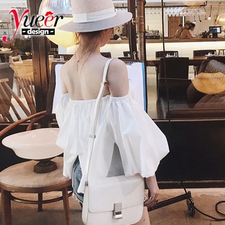 Một Vai Puffy Top Áo Sơ Mi Cho Bé Nữ Một Vai Trắng Áo Thun Tay Phồng Dây Nhỏ Sling Áo Thun Chính Hãng Hàn Quốc Top All-Match One-