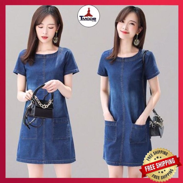 [VIDEO + ẢNH THẬT]  ĐẦM  JEAN DẠO PHỐ BASIC PHỐI 2 TÚI FORM CHỮ A THỜI TRANG CÓ SIZE XXL