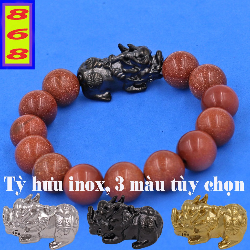 Chuỗi tay Kim Sa Nâu 14 ly Mix Tỳ Hưu inox VKSTHE14 - Hợp mệnh Kim, mệnh Thổ - Size lớn