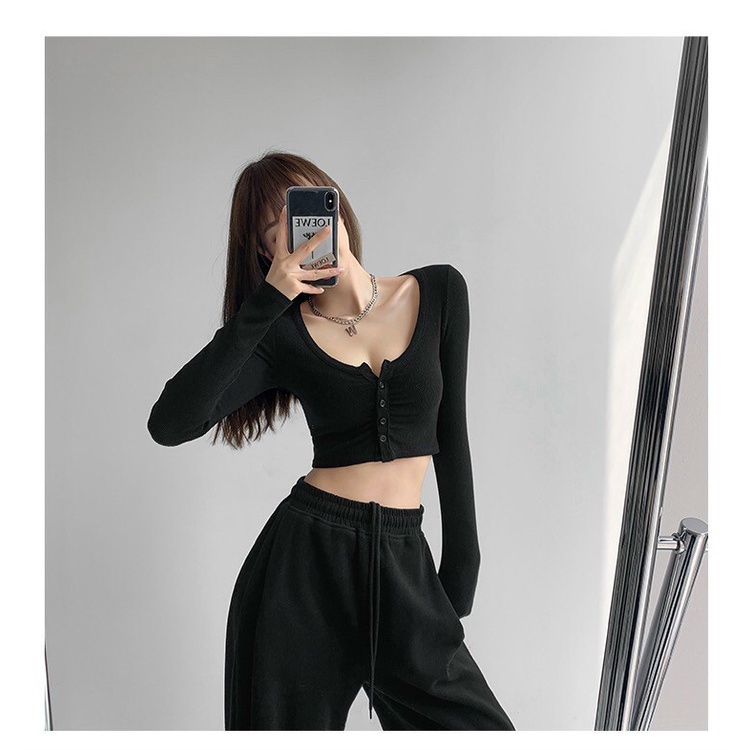 Áo croptop tay dài áo crt ôm chất thun gân form ngắn cá tính - A0104