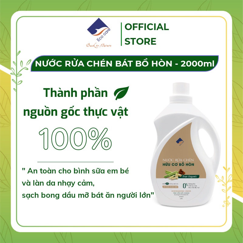 Nước rửa chén hữu cơ Bồ hòn Ecocare 2000ml, Nước rửa bát hữu cơ tinh dầu tự nhiên