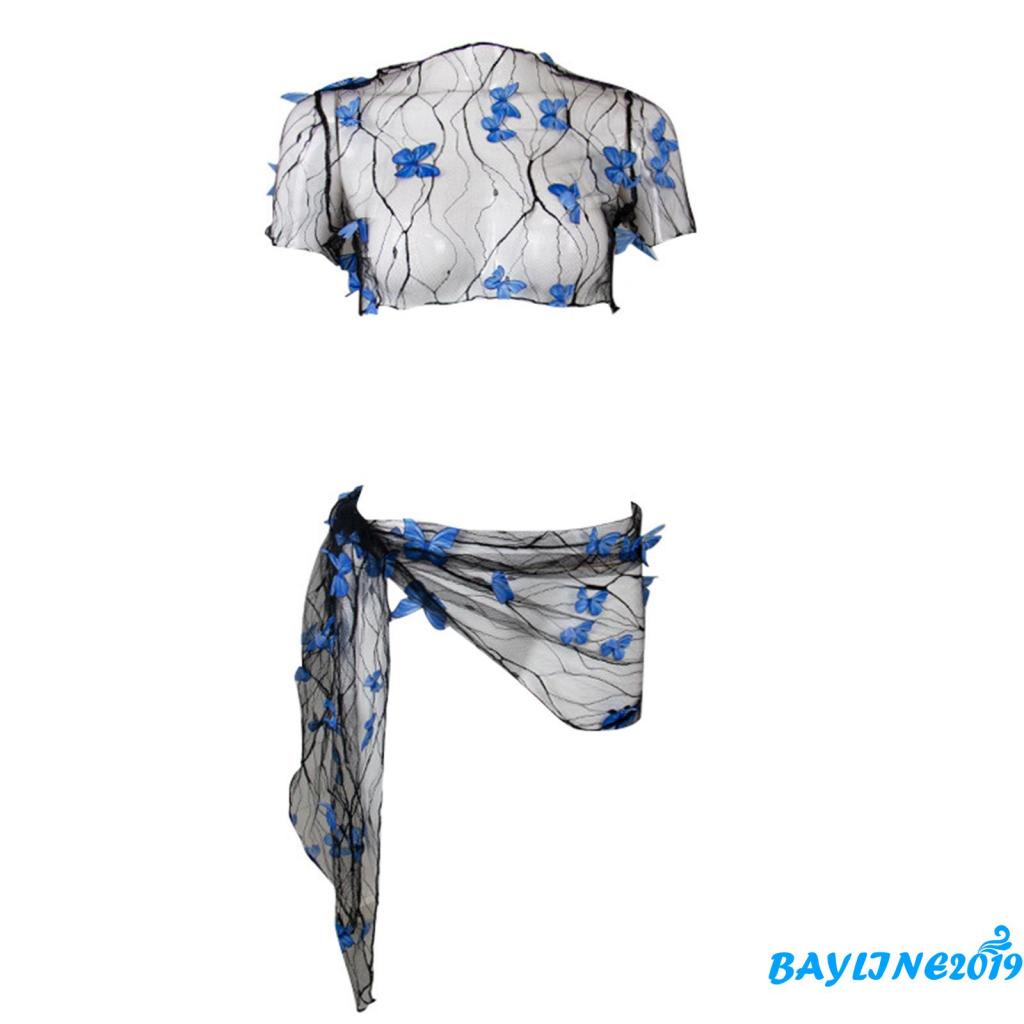 Bộ Đồ Bơi Áo Croptop Tay Ngắn Phối Chân Váy Lưới Mỏng Ba Chiều Trang Trí Hình Bướm Dành Cho Bạn Nữ
