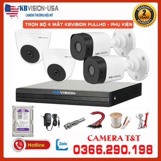 [TẶNG DÂY CÁP ĐTLN] TRỌN BỘ 04 MẮT CAMERA KBVISION 2.0 MP FULL HD 1080P KÈM Ổ CỨNG TÙY CHỌN - BẢO HÀNH 2 NĂM