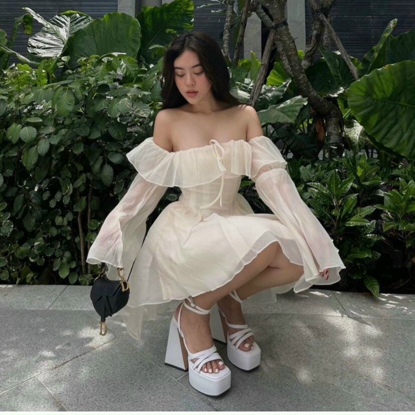 Váy Xòe Trễ Vai Voan Tơ Bồng Tay Loe Corset Eo Tiểu Thư Công Chúa Đi Chơi Chụp Ảnh Xuất Sắc